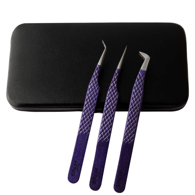 HNB Purple 3 tweezer set of eyelash extensions